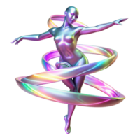 Iridescent 3D Render of a Graceful Female Figure in Dynamic Pose with Colorful Swirls png