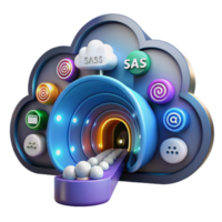 3D Illustration of Data Flowing Through Cloud Computing Tunnel, SaaS and SAS Software png