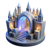 Enchanted Castle 3D Render Illustration, Magical Kingdom, Fantasy Architecture, Blue Glowing Entrance, Illuminated Towers, Steps to Mystery, Fairytale Setting, Whimsical Design, Digital Art, 3D Model png