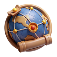 3D Render of Stylized Globe with Compass and Scroll Icon png