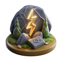 Glowing Lightning Bolt 3D Render, Stylized Rock Formation with Rune and Trees png