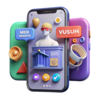 3D Illustration of Smartphone App Interface with Abstract Shapes and Icons png