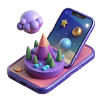3D Render of a Fantasy Island Emerging from Smartphone Screen png