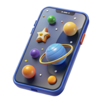 3D Render of Smartphone Displaying Cartoonish Space Scene Planets, Stars, and Cookies png
