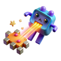 3D Render of Cute Robot Shooting Laser Beams at Block Puzzle png
