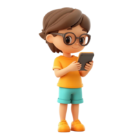 A cheerful young boy with glasses happily using his smartphone. png