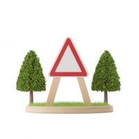 A 3D illustration of a warning sign surrounded by green trees on a grassy base. png