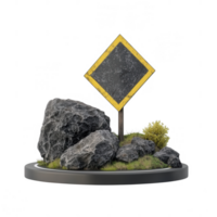 A caution sign with rocks and greenery, highlighting natural elements in a scenic setting. png