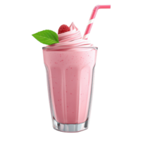 A delicious raspberry milkshake topped with whipped cream and a green leaf. png