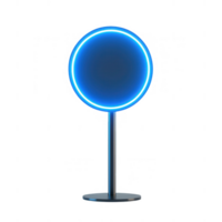 A modern neon sign design featuring a prominent circular shape in vibrant blue. png