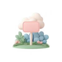A colorful empty signboard surrounded by greenery and pastel clouds. png