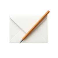 A simple white envelope with a wooden pen resting beside it on a clean surface. png