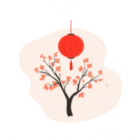A vibrant illustration of a flowering tree with a red lantern, symbolizing celebration. png