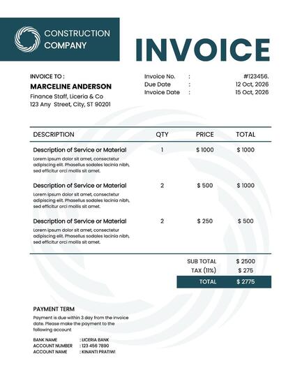 Dark Green Minimalist Company Construction Invoice