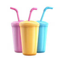 Three colorful drinks in vibrant cups with straws, perfect for summer enjoyment. png