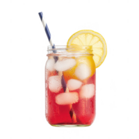 Refreshing iced beverage with lemon slices and ice cubes in a glass jar. png