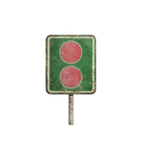 Vintage traffic sign displaying two red lights on a green background, weathered appearance. png
