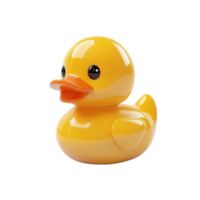 A bright yellow rubber duck toy floating on a white surface. png