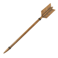 A detailed wooden arrow with feather fletching and a sharp point for archery. png
