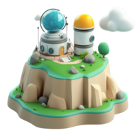 A futuristic observatory on a colorful terrain under a blue sky with clouds. png