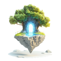 A mystical floating island with lush trees and a glowing portal reflecting serenity. png