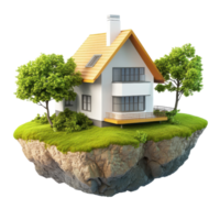 A modern house surrounded by greenery, floating on a small island of rock. png