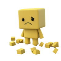 A sad yellow character surrounded by broken blocks, representing feelings of loss. png