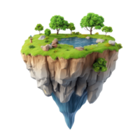 A serene floating island with lush greenery and a tranquil water pool. png