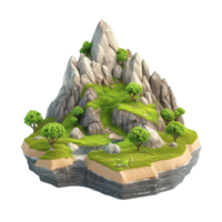A scenic view of a lush green mountain landscape with rocks and trees. png