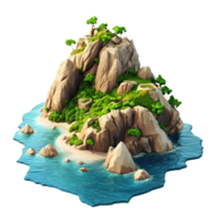 A serene tropical island featuring lush greenery and rocky cliffs by the crystal-clear water. png