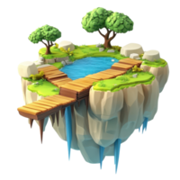 A serene floating island with a pond, trees, and wooden walkway surrounded by nature. png