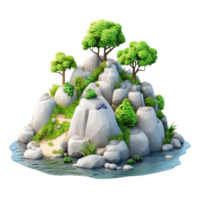 A serene island landscape featuring rocks and lush greenery by the tranquil water. png
