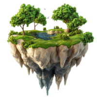 A serene floating island with lush greenery and a tranquil pond, perfect for relaxation. png