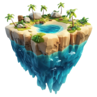 A serene floating island with palm trees and a tranquil pool surrounded by water. png