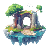 A tranquil floating island with lush greenery, stones, and a serene waterway. png