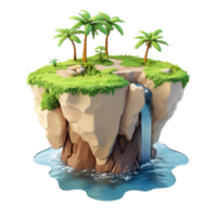 A tropical island floating with palm trees and a waterfall surrounded by clear water. png