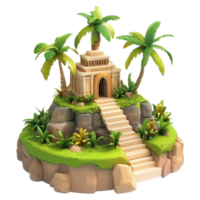 A vibrant tropical island featuring a stone temple and lush greenery under the sun. png