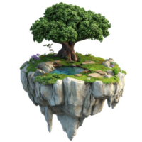 A vibrant floating island with a lush tree and serene pond surrounded by rocks. png