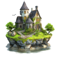 A whimsical castle surrounded by lush greenery and tranquil waters. png