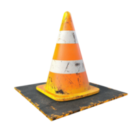 A weathered traffic cone on a patch of pavement, symbolizing roadworks and safety. png