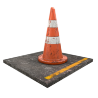A worn traffic cone placed on a concrete surface with a yellow line marking. png