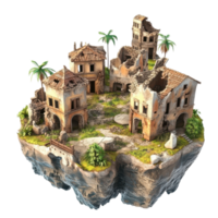 Aerial view of abandoned houses surrounded by lush greenery and palm trees. png