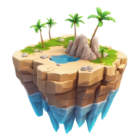 An idyllic floating island with palm trees and a tranquil water pool. png
