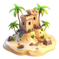 Colorful sandcastle surrounded by palm trees on a sunny beach, perfect for summer vibes. png