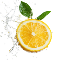 Fresh lemon slice splashing in sparkling water with green leaves. png