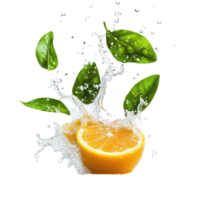 Fresh lemon slice with splashing water and vibrant green leaves, refreshing and juicy. png