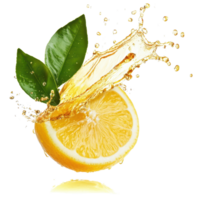 Fresh lemon slice splashing into water, symbolizing refreshment and vitality. png