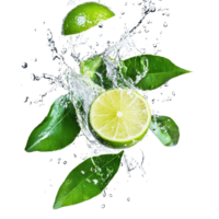 Fresh lime slice splashing into water with vibrant green leaves around it. png