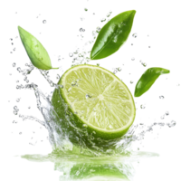 Fresh lime splashes into water with green leaves, capturing vibrant flavors and freshness. png
