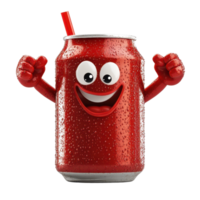 Playful animated soda can character with a bright smile and straw. png